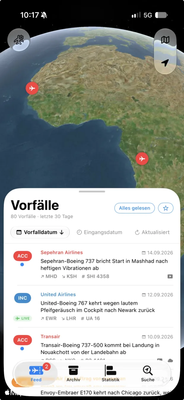 PlaneFault App — Globus mit gemeldeten Vorfällen und die Vorfall-Liste