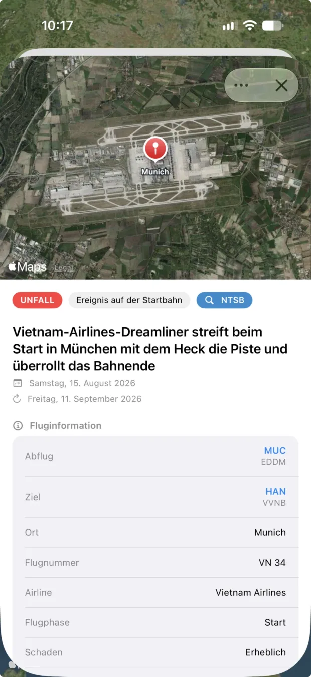 Vorfalldetails in der PlaneFault App mit Karte, Fluginformation und ICAO-Klasse