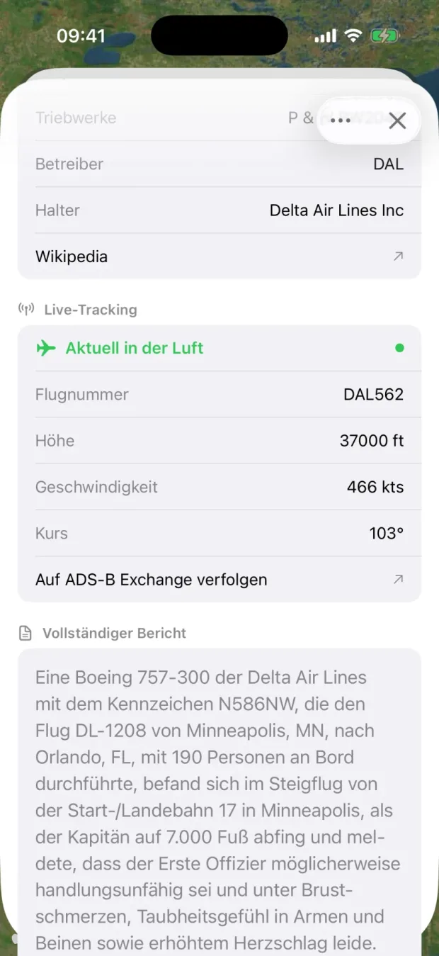 Live-Tracking eines Flugs in der PlaneFault App mit Höhe, Geschwindigkeit und Kurs